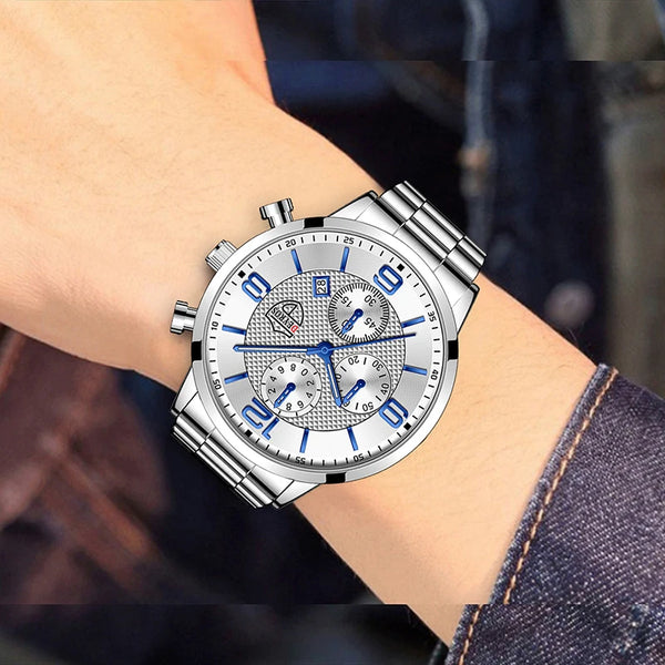 LEDmePLAY Leo - Orologio da uomo di lusso per affari – Orologio da polso al quarzo in acciaio inossidabile con cinturino in pelle & lancette luminose