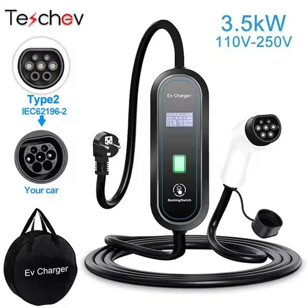Chargeur EV Portable Teschev 3,5 kW – Courant réglable 8–16 A, IP65, Type 2/Type 1/GBT