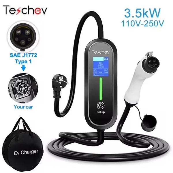 Chargeur EV Portable Teschev 3,5 kW – Courant réglable 8–16 A, IP65, Type 2/Type 1/GBT