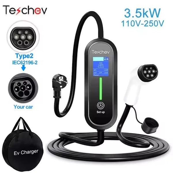 Chargeur EV Portable Teschev 3,5 kW – Courant réglable 8–16 A, IP65, Type 2/Type 1/GBT