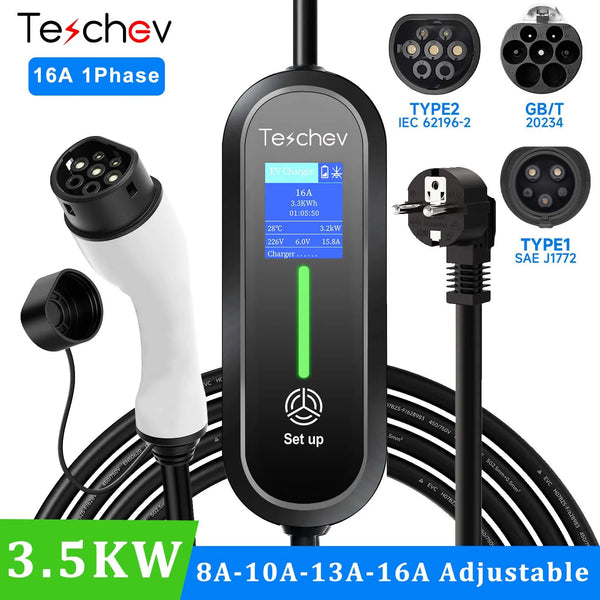 Chargeur EV Portable Teschev 3,5 kW – Courant réglable 8–16 A, IP65, Type 2/Type 1/GBT