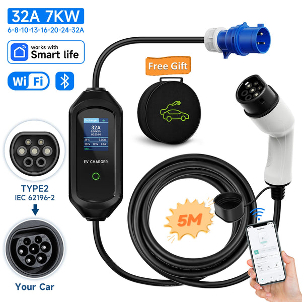 AFEEV 7 kW Smart Portable EV Charger – 32 A Adjustable, Type 2/Type 1/GBT, IP65