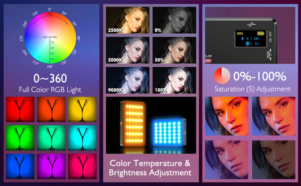 RGB LED video light - rechargeable, adjustable color temperature