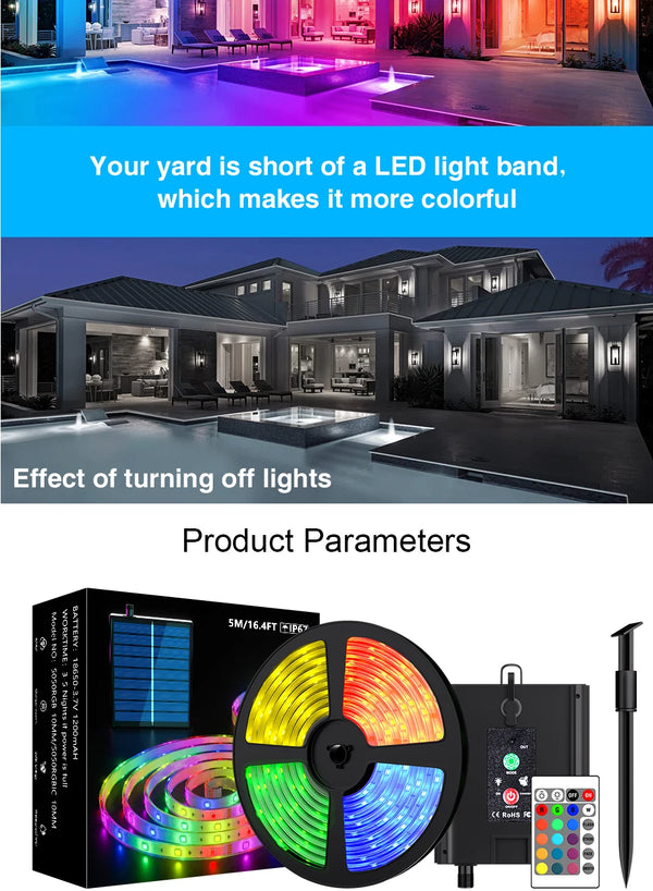 RGB solar LED strip lights - impermeabili, ricaricabili