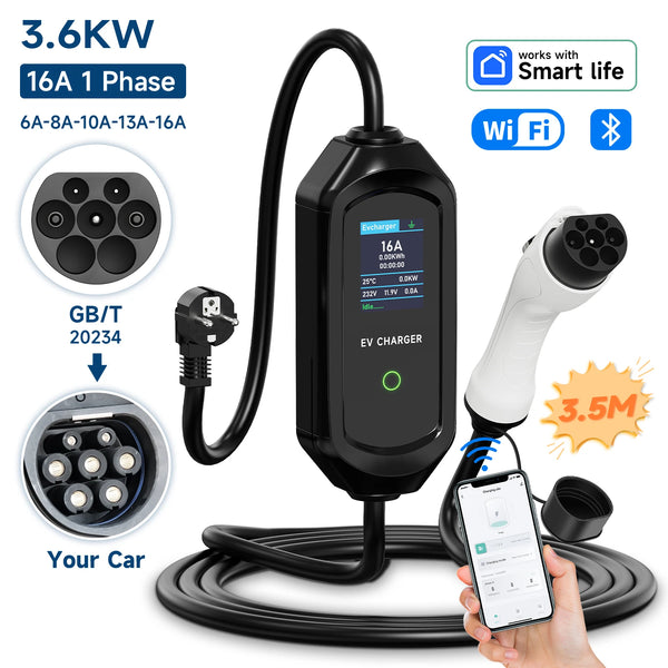 AFYEEV 3.6 kW Smart Portable EV Charger – Type 2/Type 1/GBT, 16 A, IP65