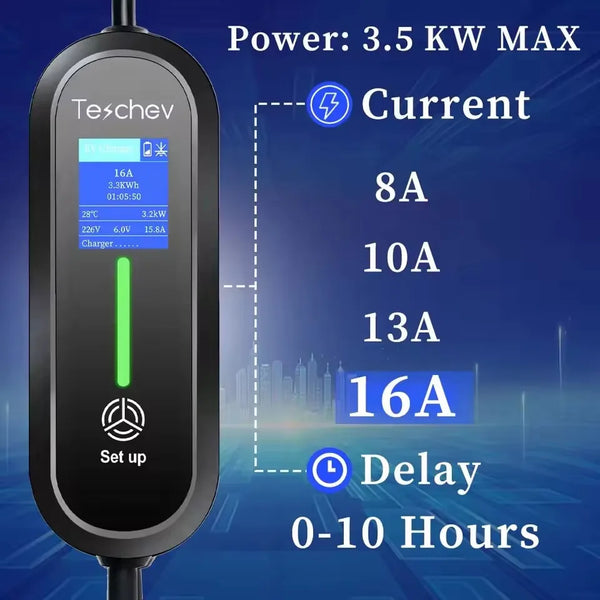 Chargeur EV Portable Teschev 3,5 kW – Courant réglable 8–16 A, IP65, Type 2/Type 1/GBT