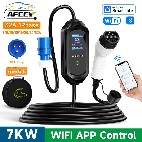 AFEEV 7 kW Smart Portable EV Charger – 32 A Adjustable, Type 2/Type 1/GBT, IP65