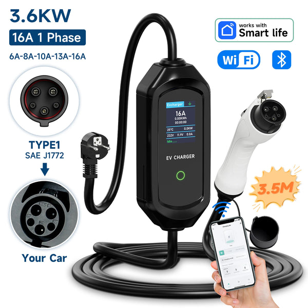 AFYEEV 3.6 kW Smart Portable EV Charger – Type 2/Type 1/GBT, 16 A, IP65