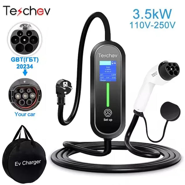 Chargeur EV Portable Teschev 3,5 kW – Courant réglable 8–16 A, IP65, Type 2/Type 1/GBT