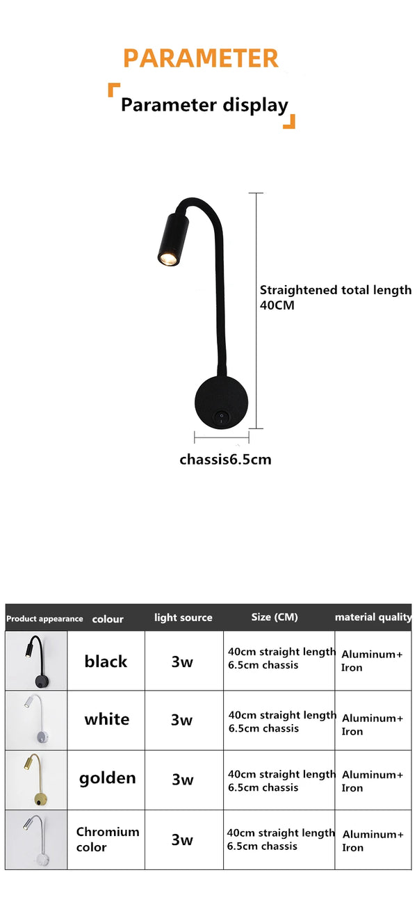 LED applique a collo di cigno - lampada da lettura regolabile