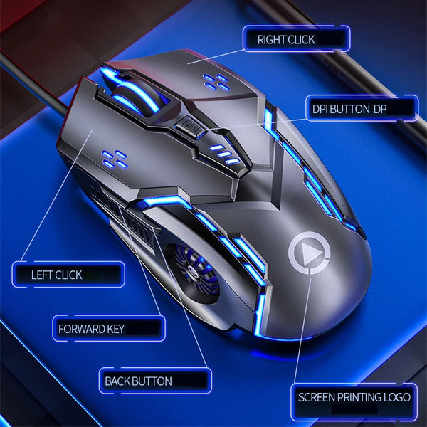Gaming mouse wired - RGB, silent, 6-button, 3200 DPI