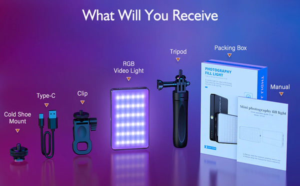 RGB LED video light - rechargeable, adjustable color temperature