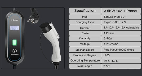 Chargeur EV Portable Teschev 3,5 kW – Courant réglable 8–16 A, IP65, Type 2/Type 1/GBT