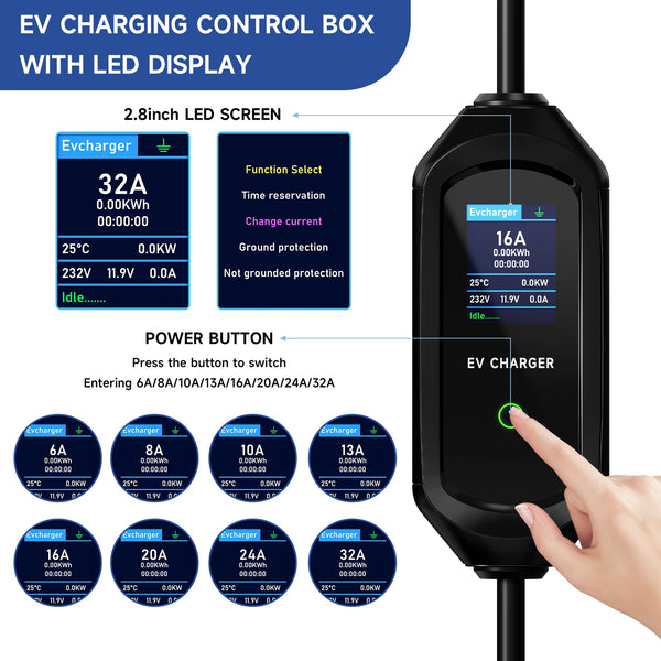 AFEEV 7 kW Smart Portable EV Charger – 32 A Adjustable, Type 2/Type 1/GBT, IP65