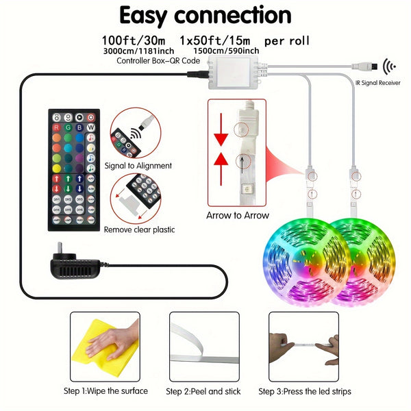 Smart LED strip lights - 50/100ft, contrôlées par application, synchronisation musicale