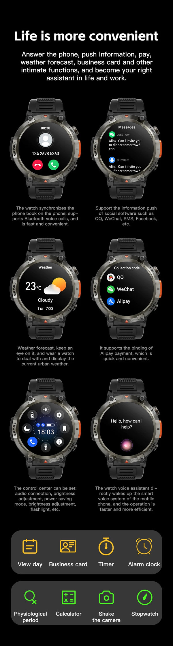 Smartwatch with LED flashlight, fitness tracker, health monitor