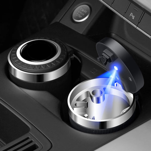 One-Touch Smell-Proof Car Ashtray with Blue LED & Fireproof Stainless Steel