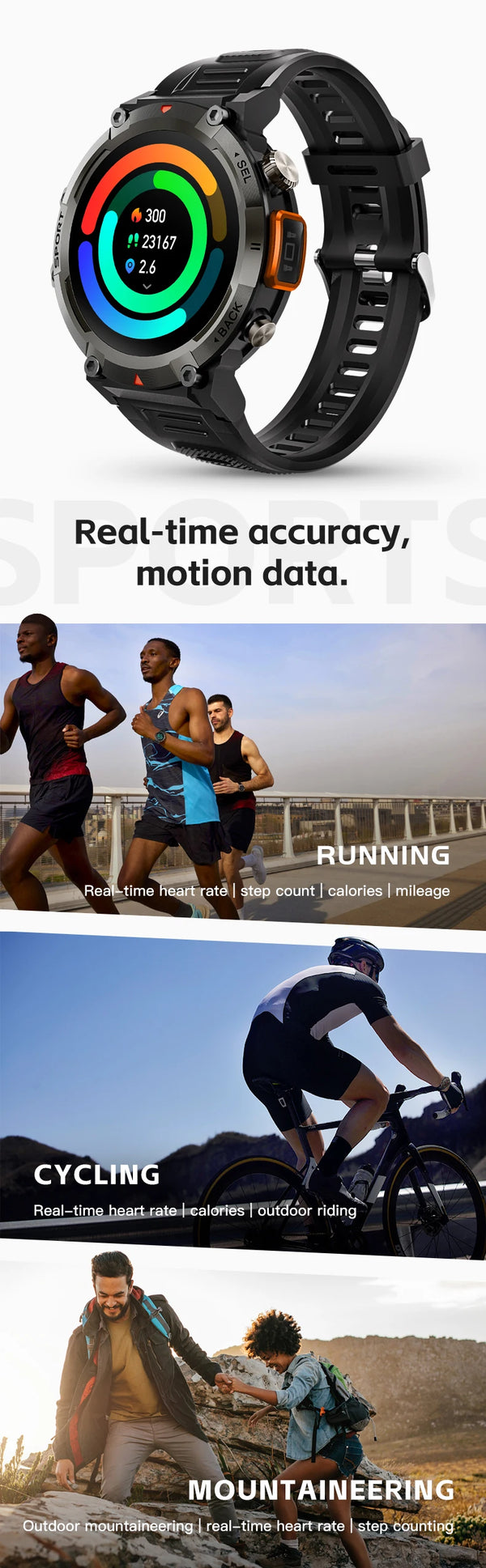 Smartwatch with LED flashlight, fitness tracker, health monitor