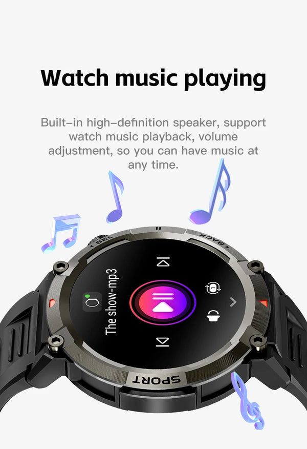 Smartwatch with LED flashlight, fitness tracker, health monitor