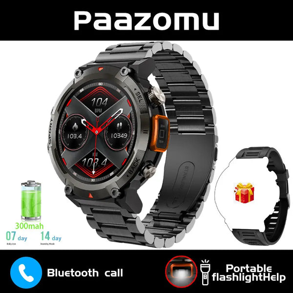 Smartwatch with LED flashlight, fitness tracker, health monitor