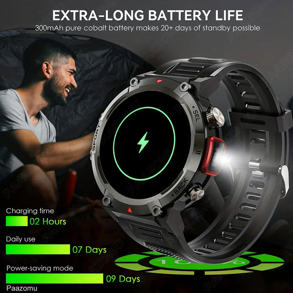 Smartwatch with LED flashlight, fitness tracker, health monitor