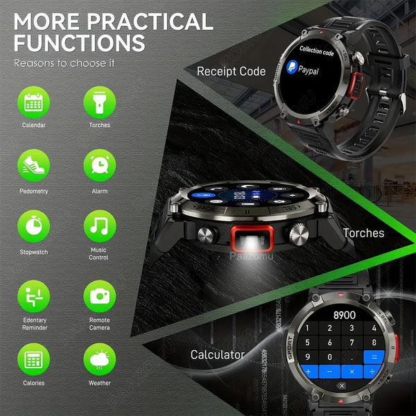 Smartwatch with LED flashlight, fitness tracker, health monitor
