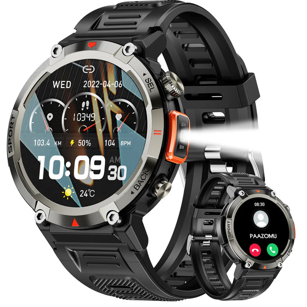 Smartwatch with LED flashlight, fitness tracker, health monitor