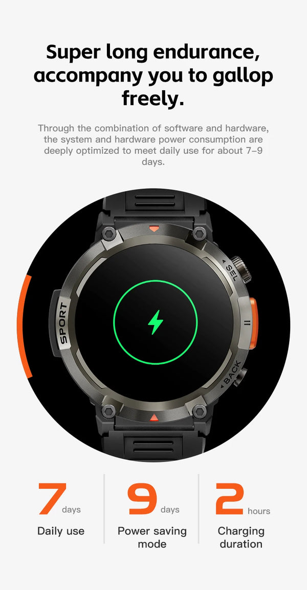 Smartwatch with LED flashlight, fitness tracker, health monitor