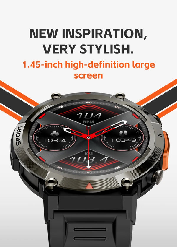 Smartwatch with LED flashlight, fitness tracker, health monitor