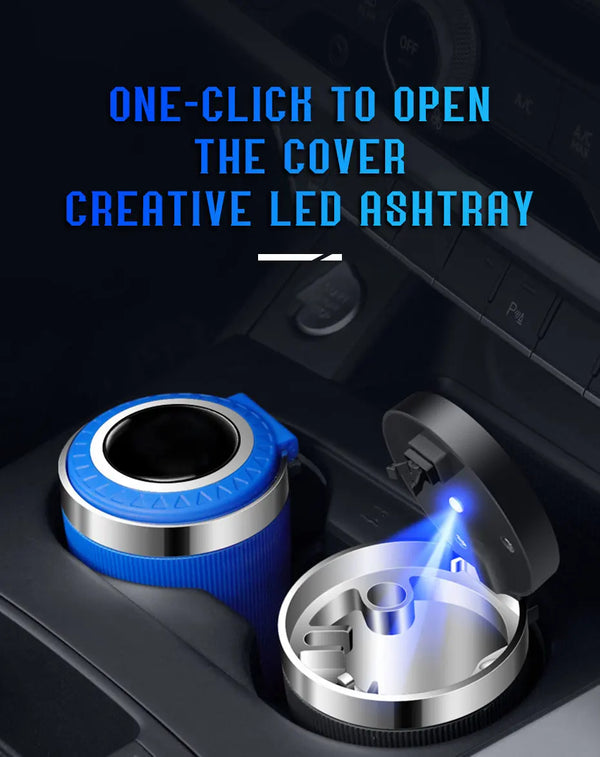 One-Touch Smell-Proof Car Ashtray with Blue LED & Fireproof Stainless Steel