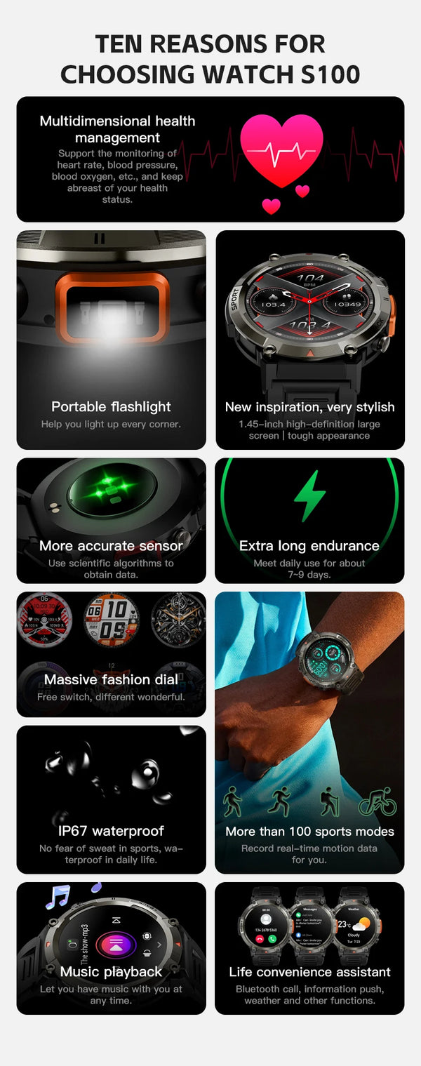 Smartwatch with LED flashlight, fitness tracker, health monitor