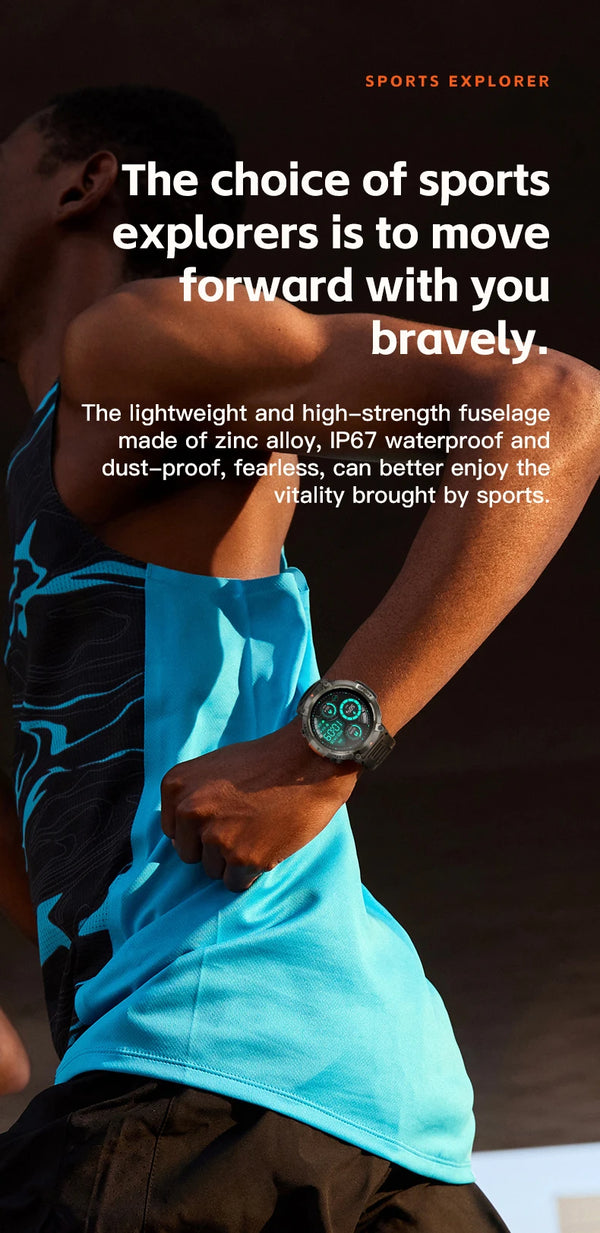 Smartwatch with LED flashlight, fitness tracker, health monitor