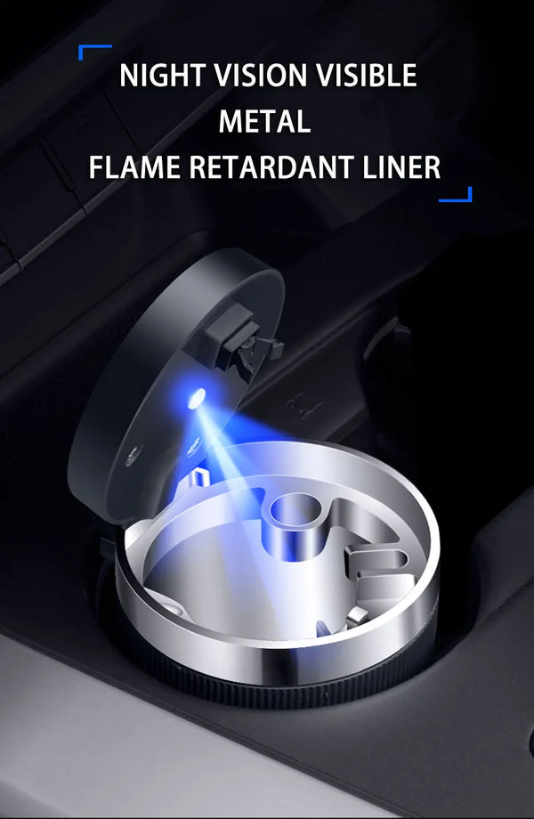 One-Touch Smell-Proof Car Ashtray with Blue LED & Fireproof Stainless Steel