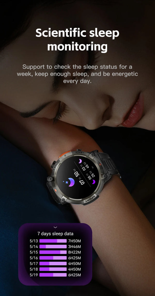 Smartwatch with LED flashlight, fitness tracker, health monitor