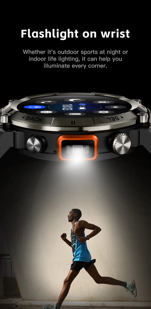 Smartwatch with LED flashlight, fitness tracker, health monitor