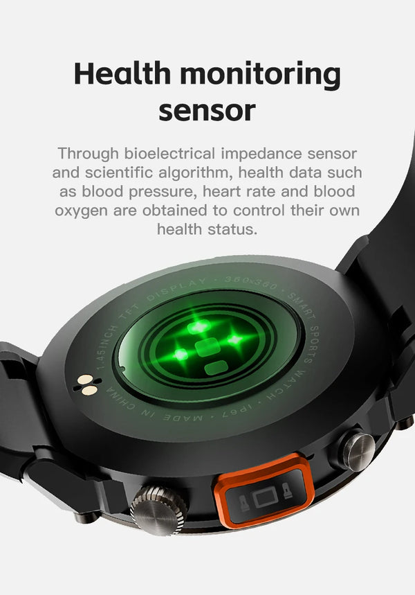 Smartwatch with LED flashlight, fitness tracker, health monitor