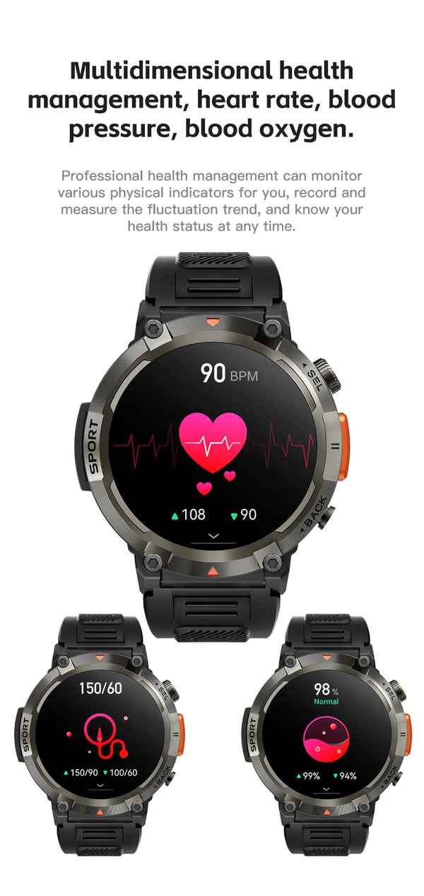Smartwatch with LED flashlight, fitness tracker, health monitor