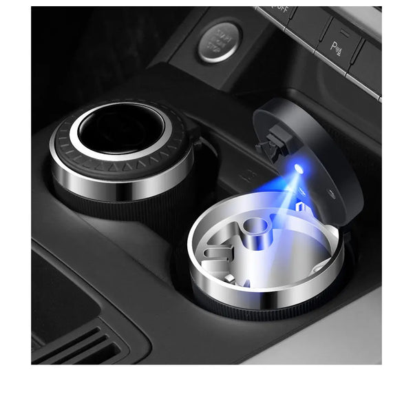 One-Touch Smell-Proof Car Ashtray with Blue LED & Fireproof Stainless Steel