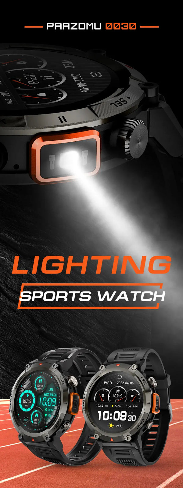 Smartwatch with LED flashlight, fitness tracker, health monitor
