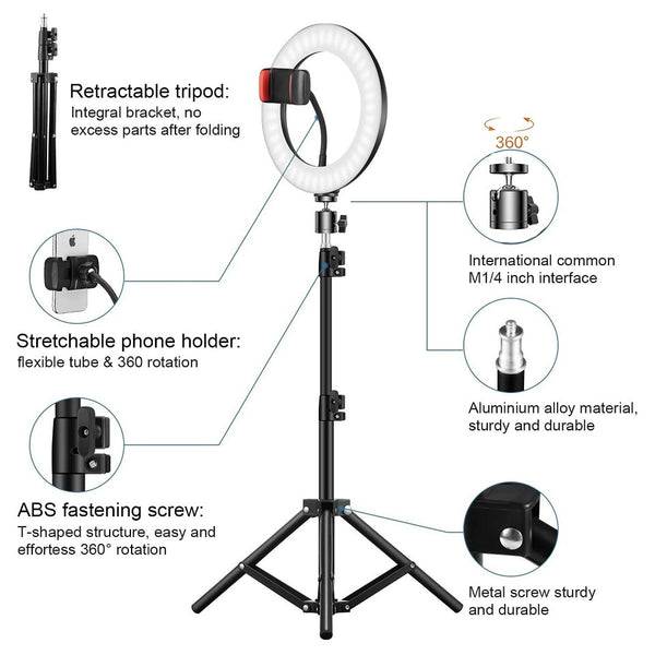 LED selfie ring light with 26cm tripod stand